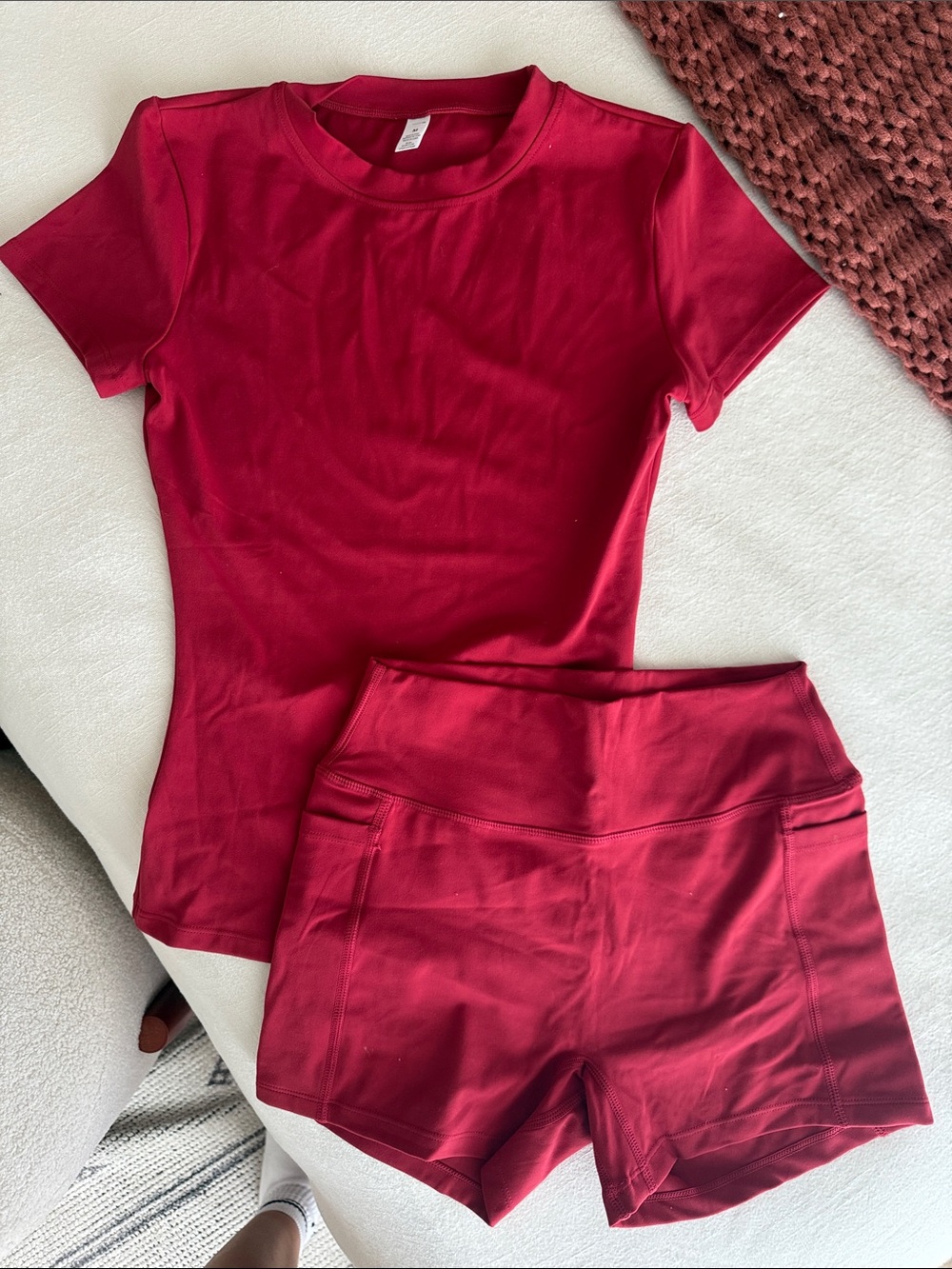 Red Active Tee & High-Waist Shorts Set